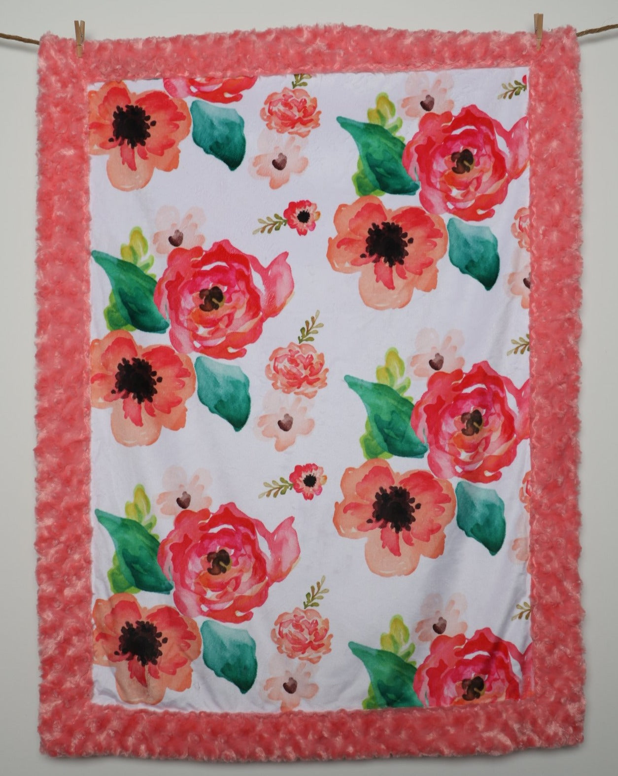 Coral Boho Floral, Baby blanket made with 2 layers of minky 
