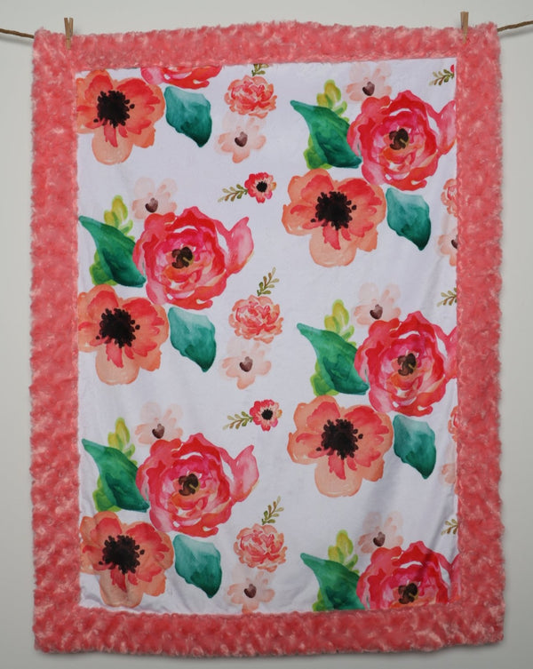 Coral Boho Floral, Baby blanket made with 2 layers of minky 