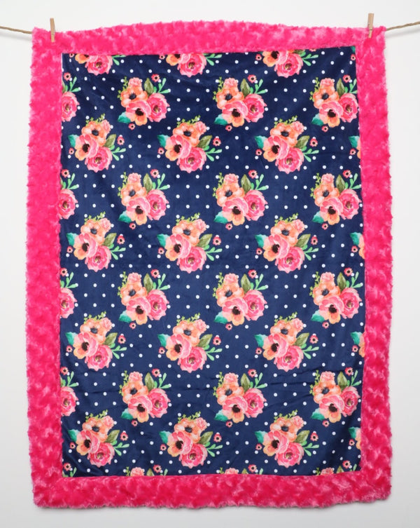 Pink and Navy Floral, Baby Blanket made with 2 layers of minky 